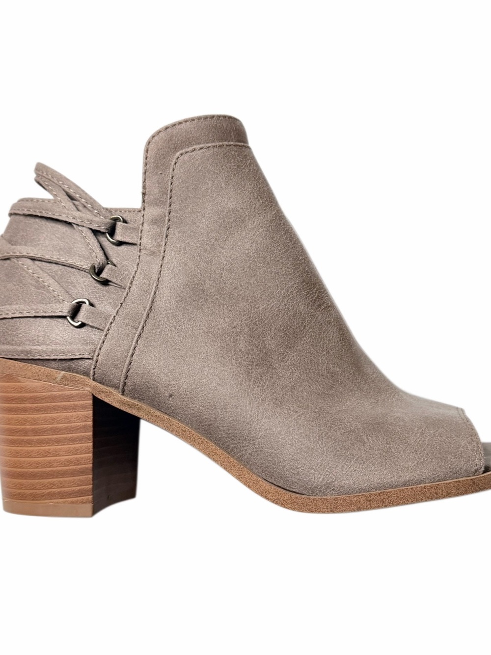 Fergalicious Jester Booties Womens 7 Taupe Open Toe Ankle Boots Heel Zip